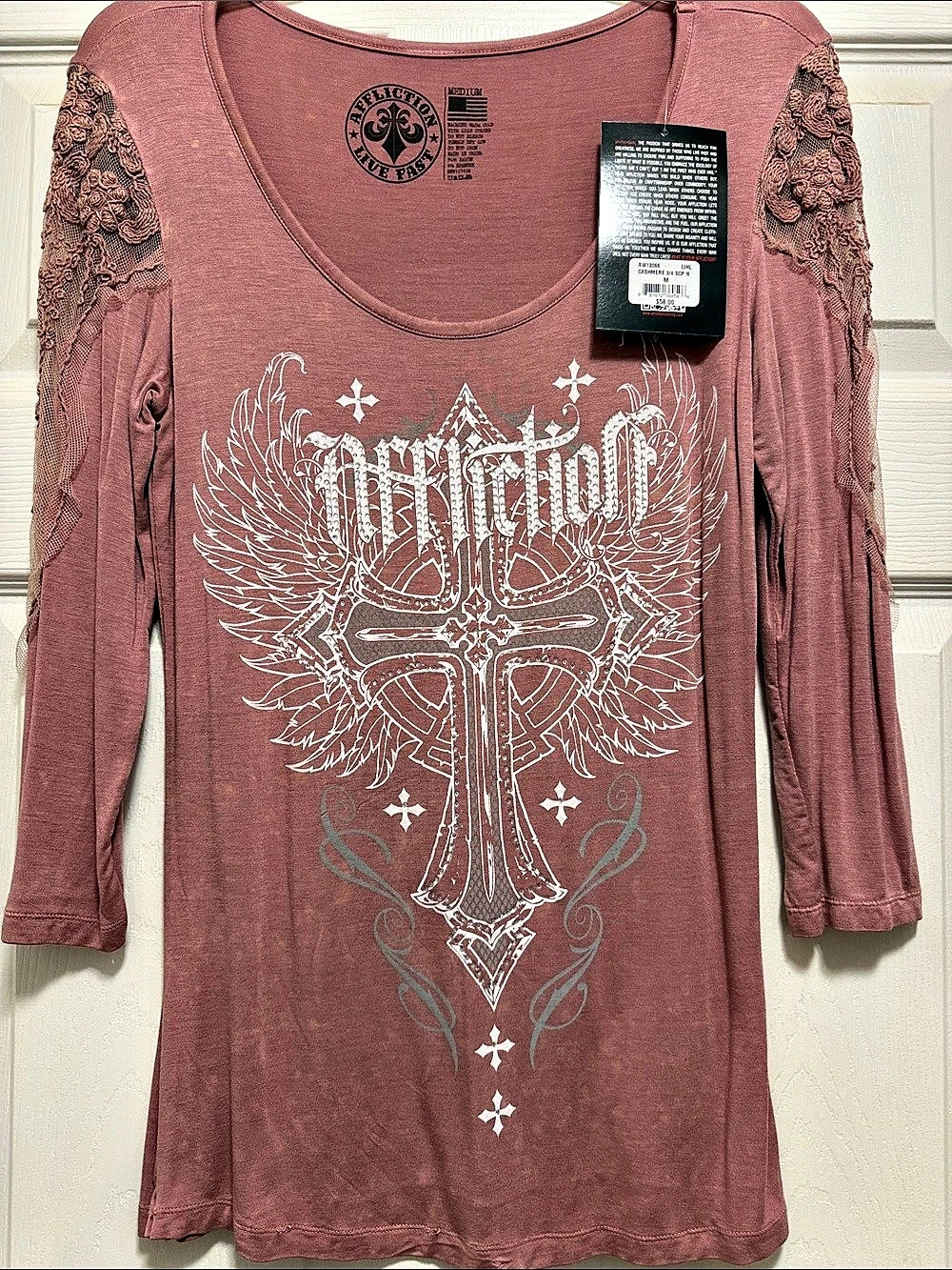 Affliction Cashmere 3/4 SCP N Long Sleeve Tee Pink Small